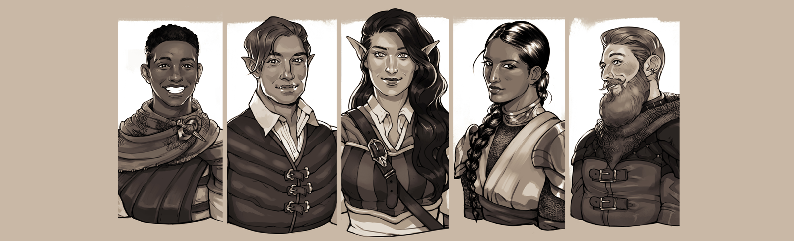 A banner of the five characters from the web novel 'Elf Girl' from left to right: Jonas (a human man), Flynt (a part-Ork man), Keira (an elven woman), Meg (a human woman), and Tyrus (a dwarven man). Art was done by Galactic Jonah.
